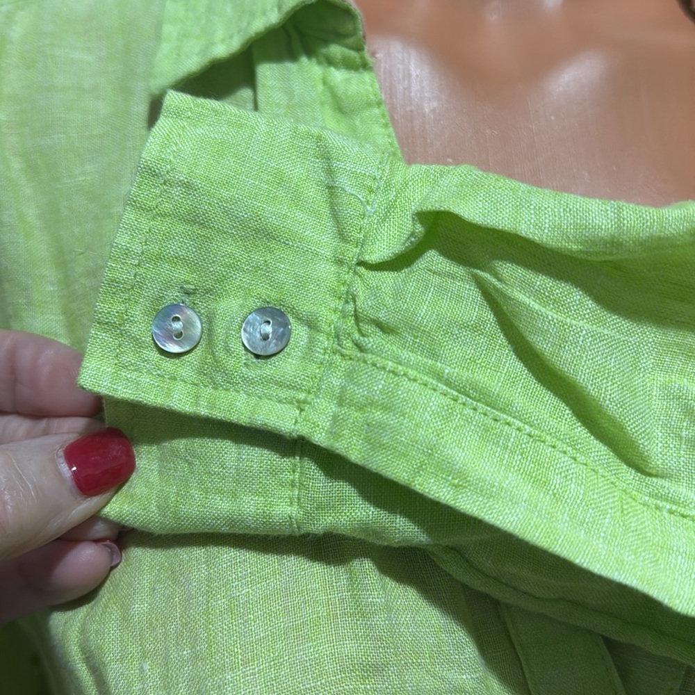 SIGRID OLSEN Linen Shirt Green L/S Roll Cuff V Neck Point Collar S Small EUC $98 - Picture 8 of 13
